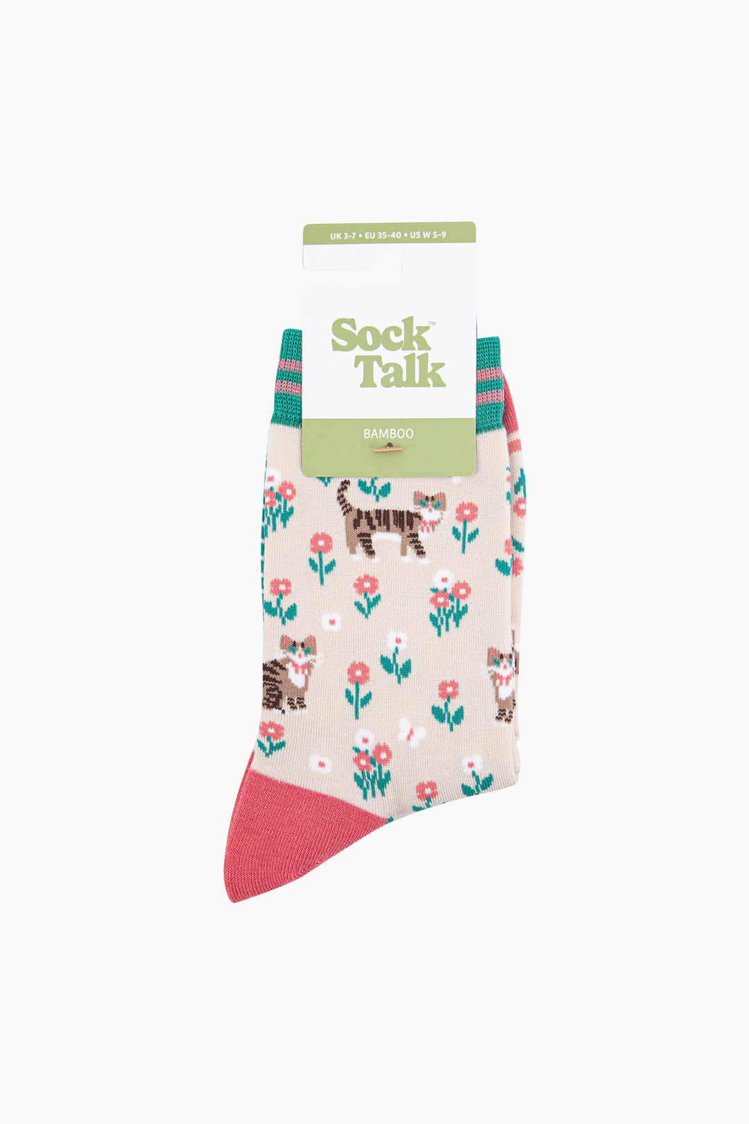 Tabby-Cat-Floral-Bamboo-Socks-in-Cream-In-Packaging