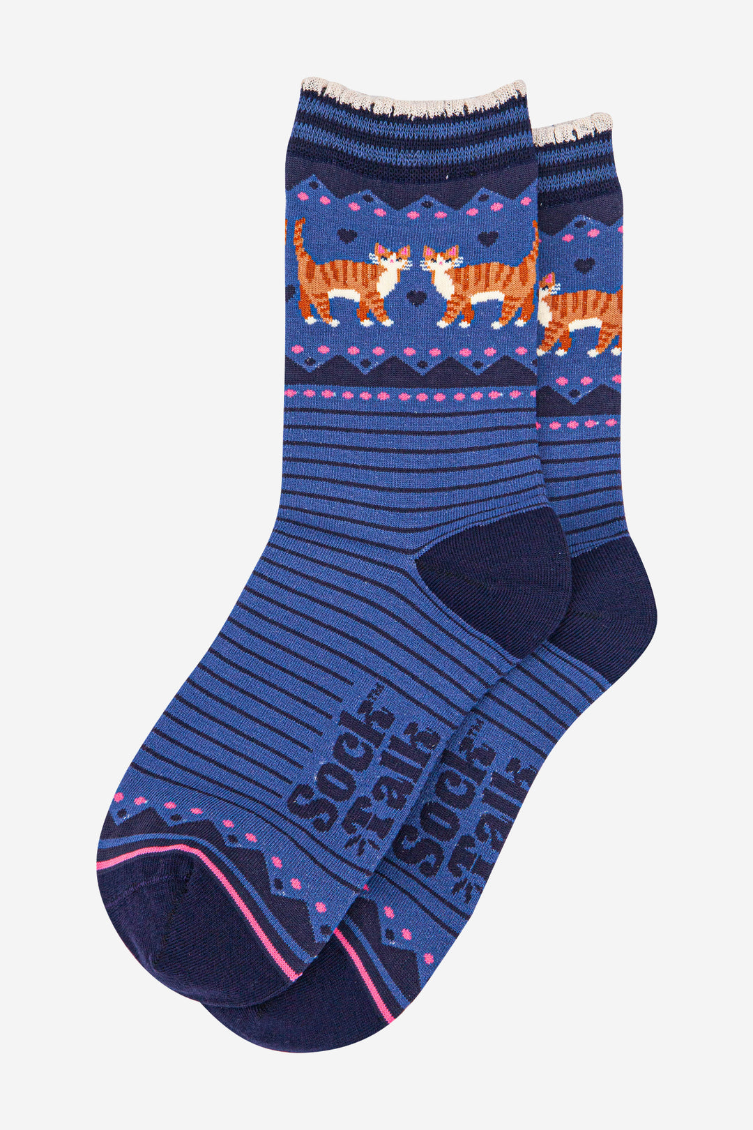 womens-bamboo-socks-denim-blue-navy-blue-ginger-cats-laying-flat