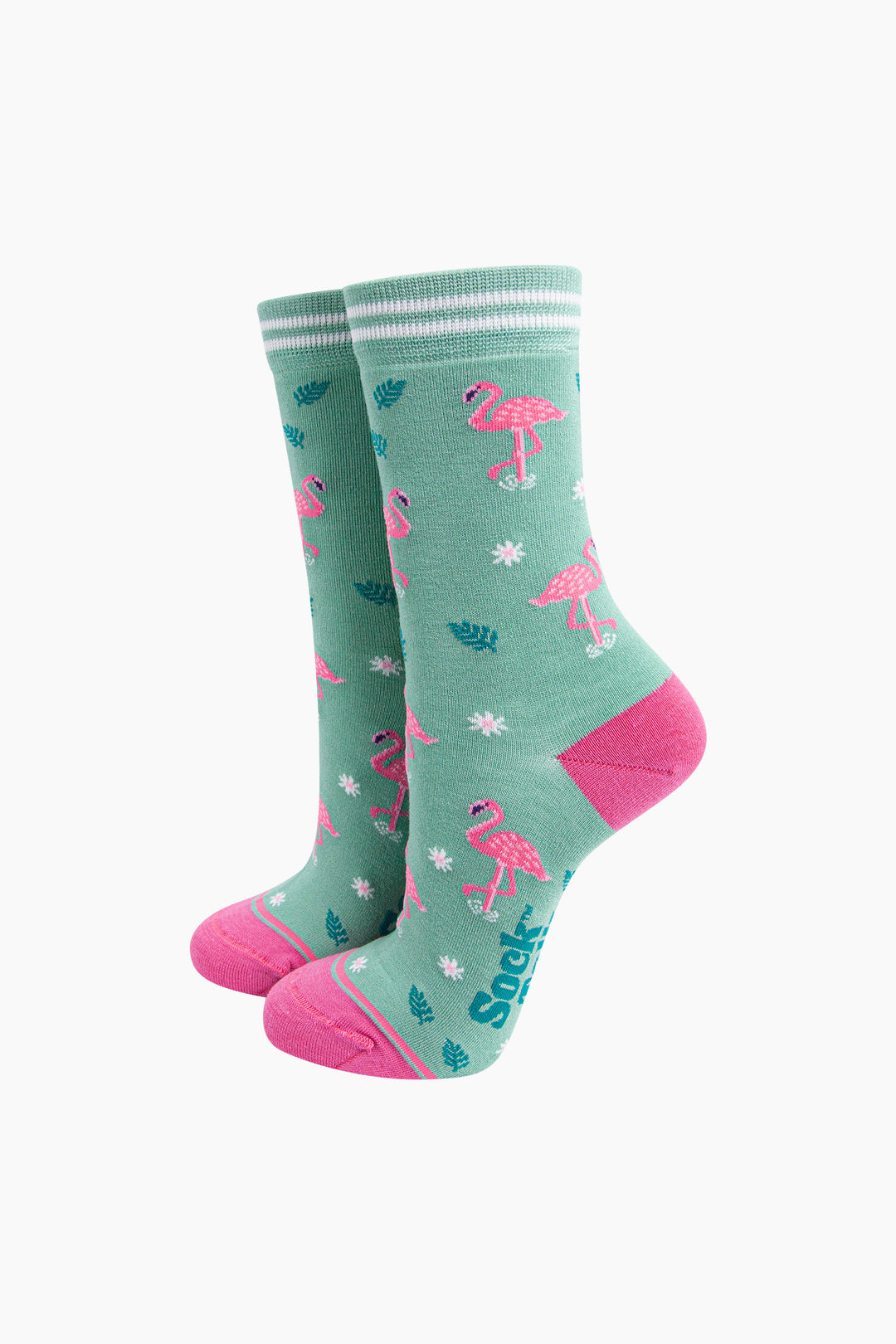 Standing-Flamingos-Bamboo-Socks-in-Green-On-Foot-Mannequin
