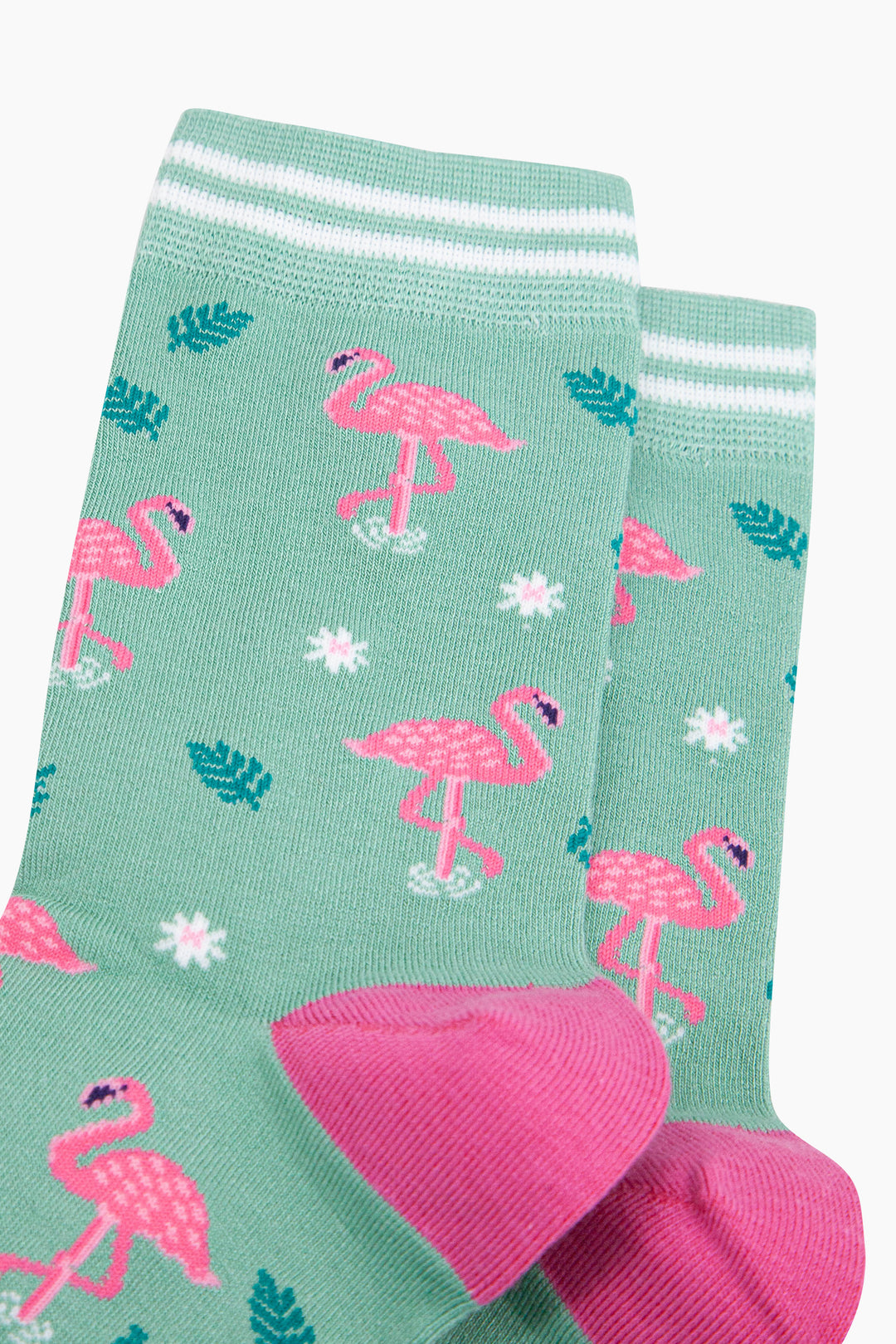Standing-Flamingos-Bamboo-Socks-in-Green-Close-Up