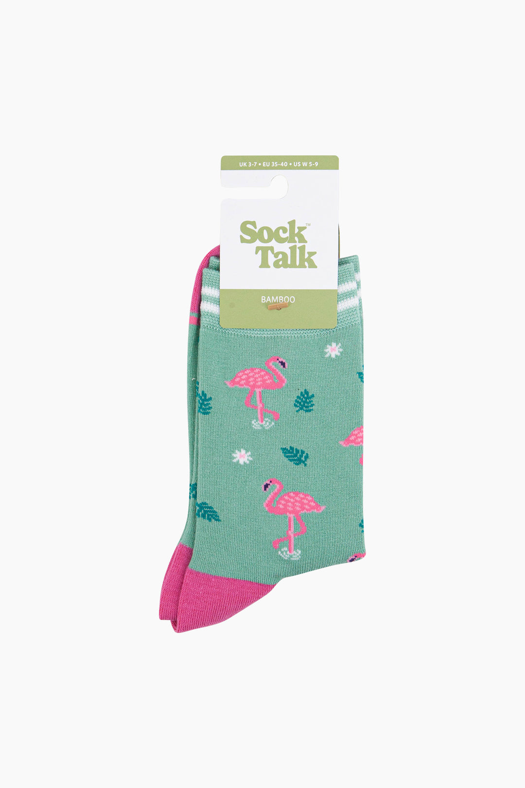 Standing-Flamingos-Bamboo-Socks-in-Green-In-Packaging