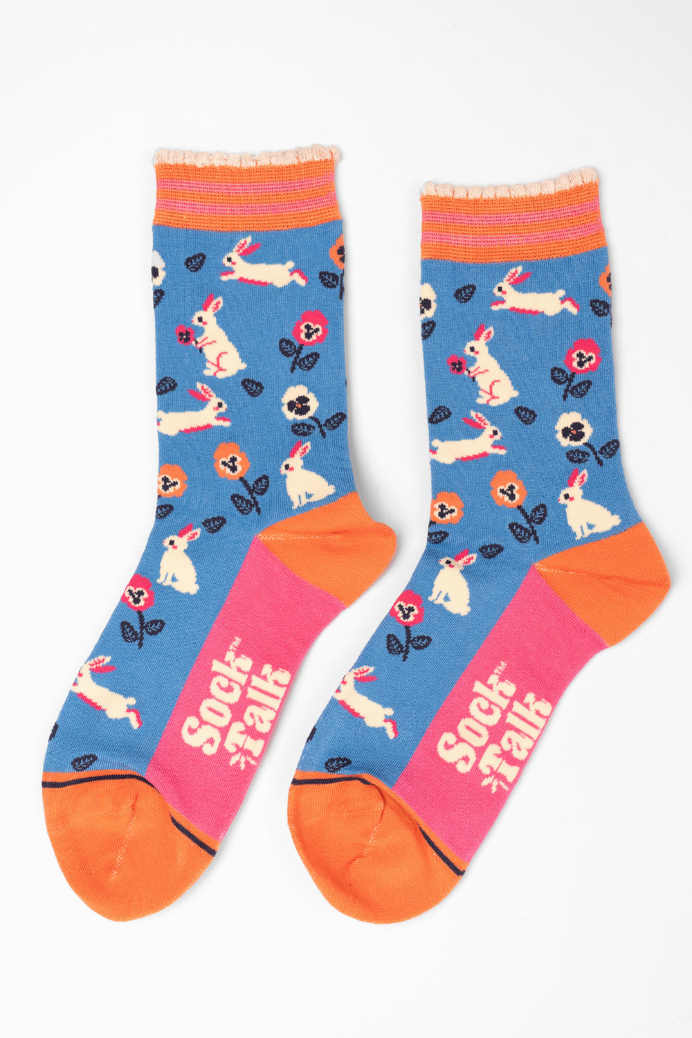 womens-bamboo-socks-blue-rabbit-and-flowers-laying-flat