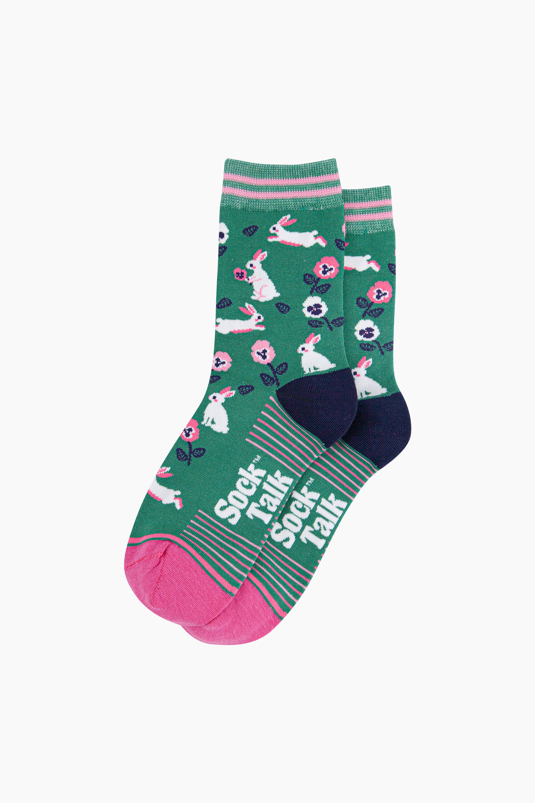 Bunny-Rabbit-Floral-Bamboo-Socks-in-Green-laid-flat