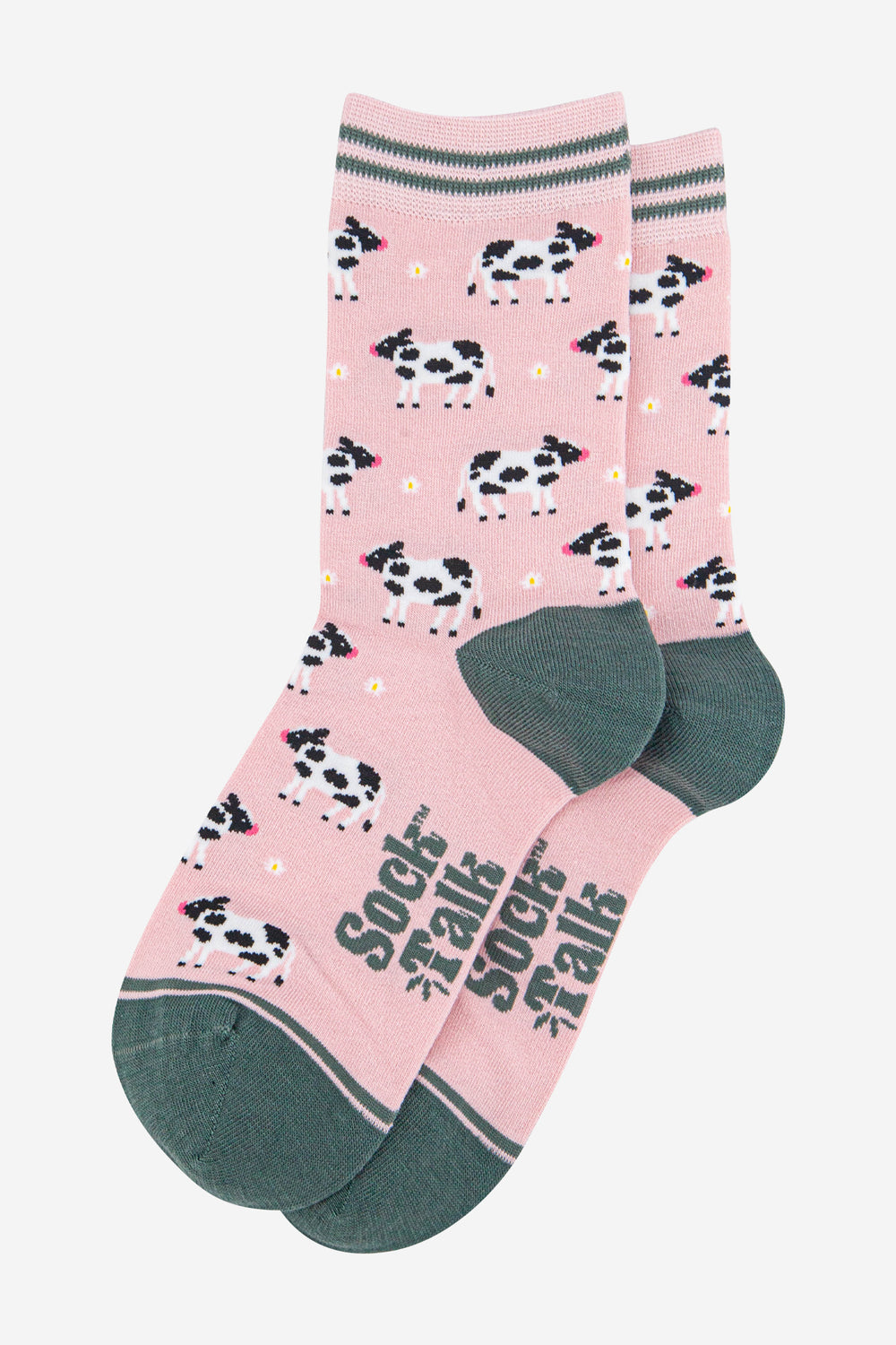 womens-bamboo-socks-light-pink-green-spring-cow-laying-flat