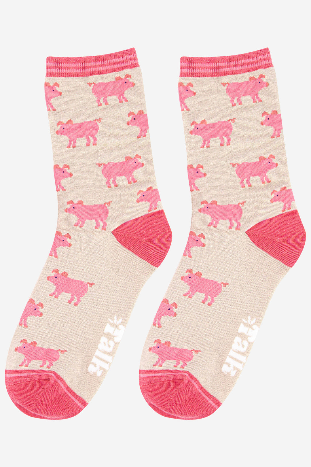yellow and pink pig pattern ankle socks 