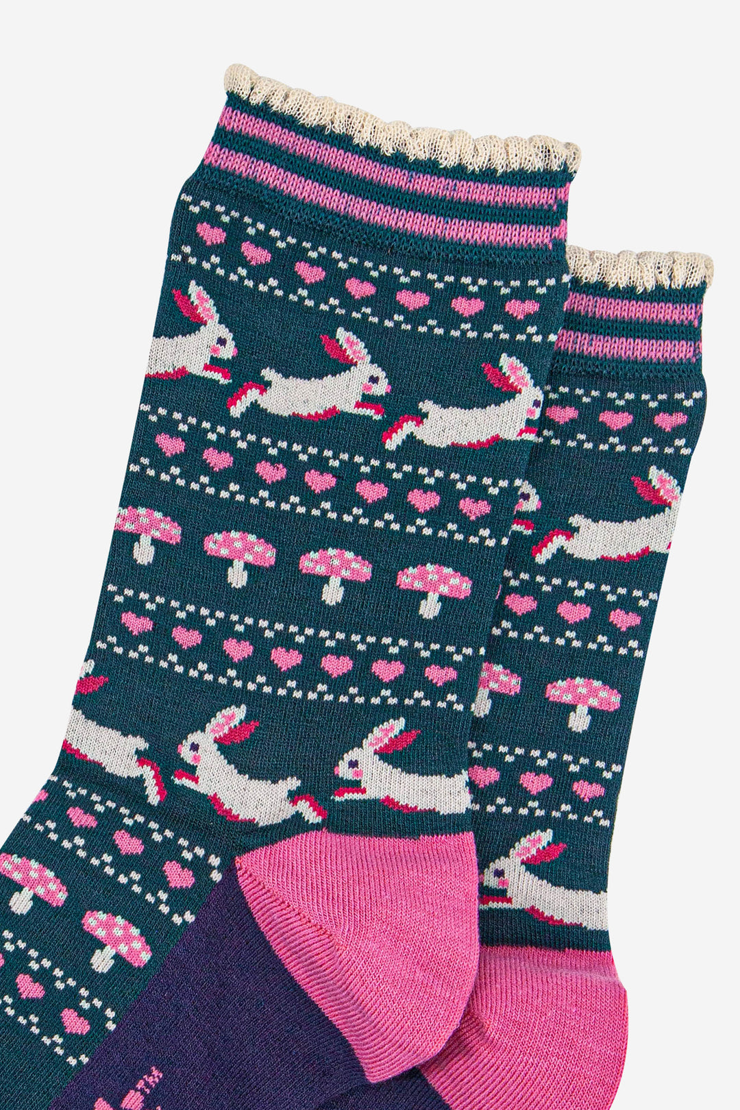 womens-bamboo-socks-forest-green-navy-blue-rabbit-and-toadstools-close-up
