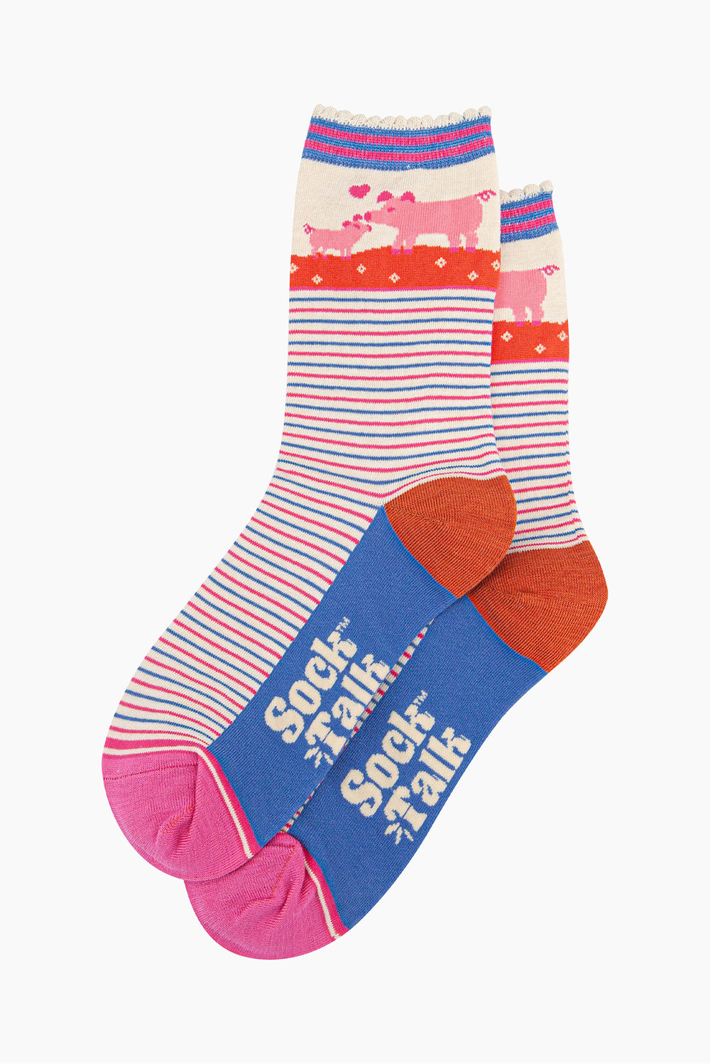 the pair of striped pig and piglet socks laying flat, one on top of the other. showing clearly the alternating pink and blue pinstripe pattern on the body of the socks. the pig and piglet feature on the ankle part of the design.