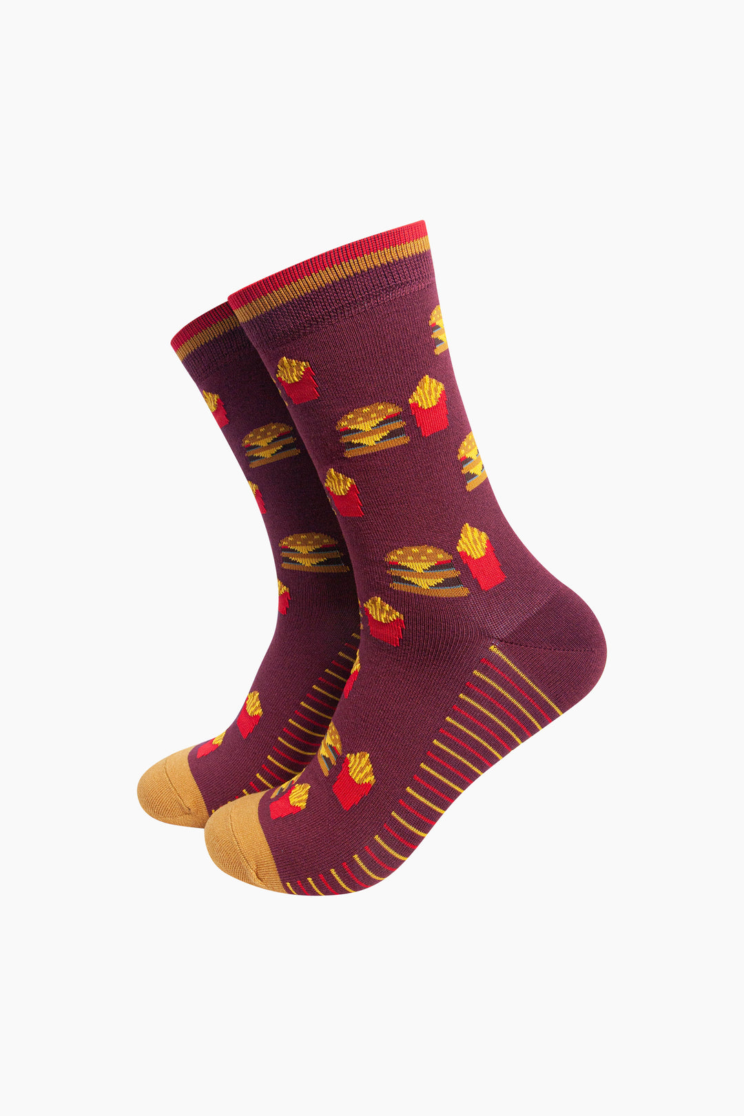 Burger-&-Fries-Men's-Bamboo-Socks-in-Burgundy-On-Mannequin
