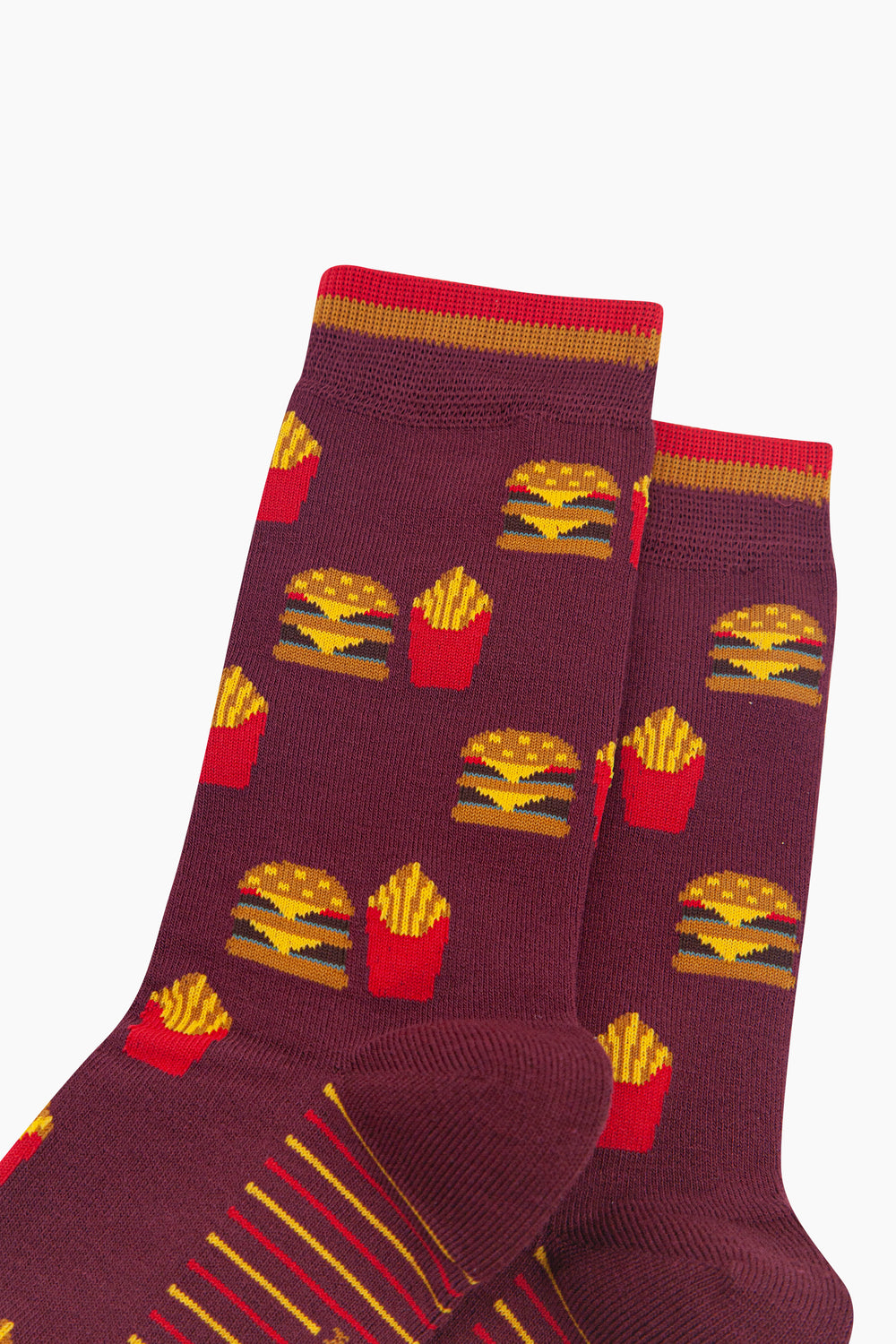 Burger-&-Fries-Men's-Bamboo-Socks-in-Burgundy-Close-Up