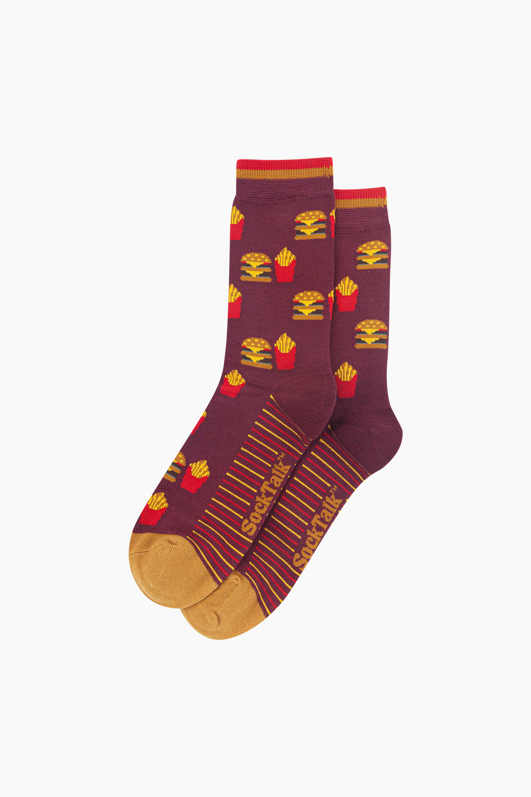 Burger-&-Fries-Men's-Bamboo-Socks-in-Burgundy-Laid-Flat