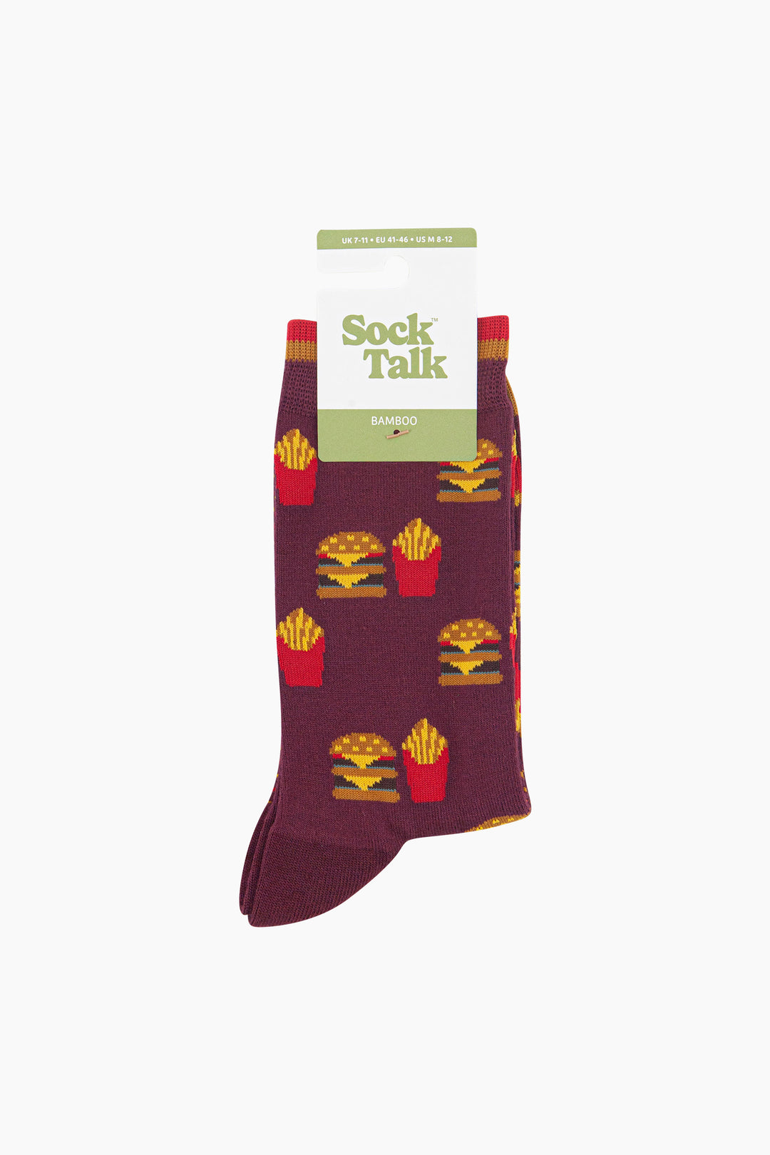 Burger-&-Fries-Men's-Bamboo-Socks-in-Burgundy-In-Packaging
