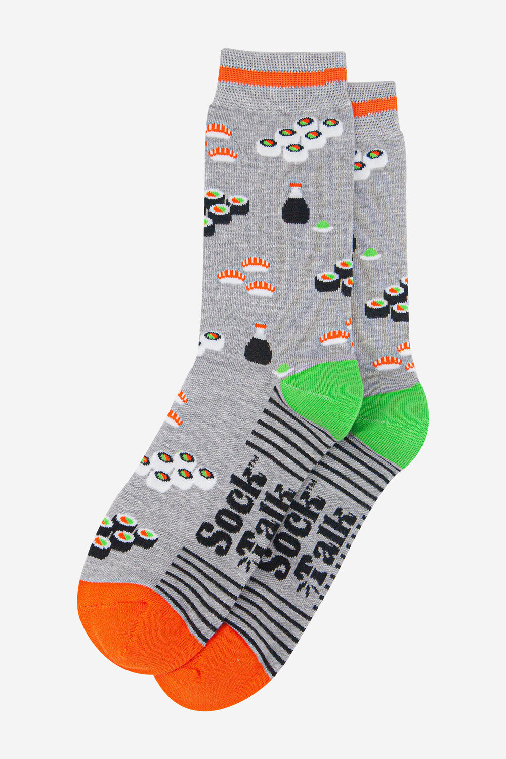 mens-bamboo-socks-light-grey-orange-sushi-laying-flat