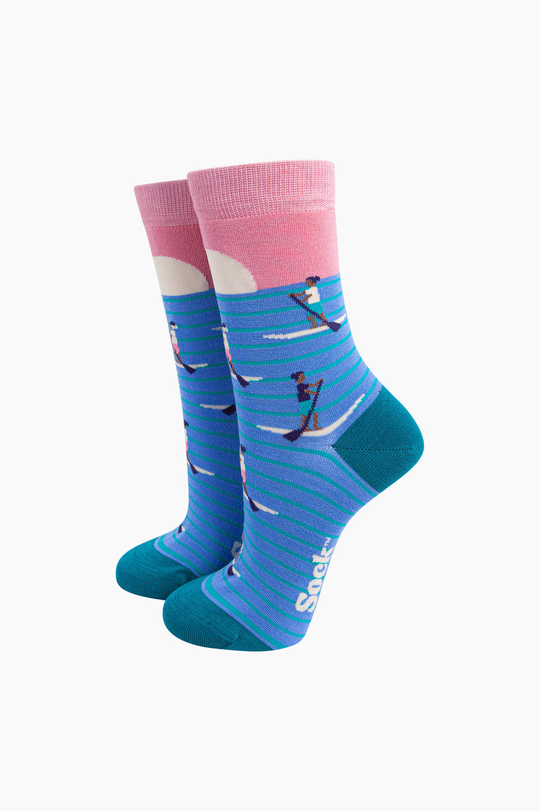 Sunset-Paddle-Boarding-Bamboo-Socks-in-Blue/Pink-On-Mannequin
