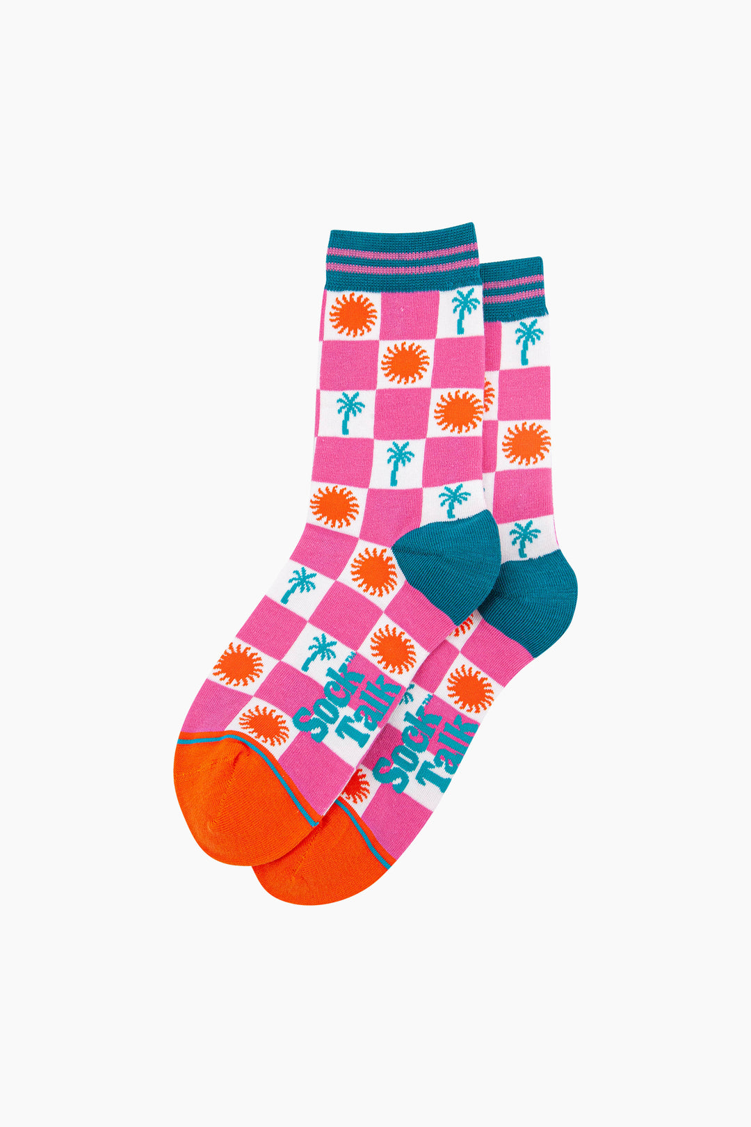 Palm-Tree-Sun-Checkerboard-Bamboo-Socks-in-Pink-Laid-Flat