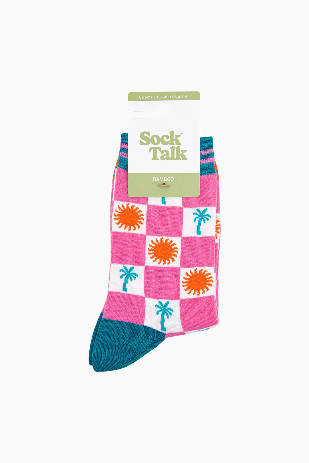 Palm-Tree-Sun-Checkerboard-Bamboo-Socks-in-Pink-In-Packaging