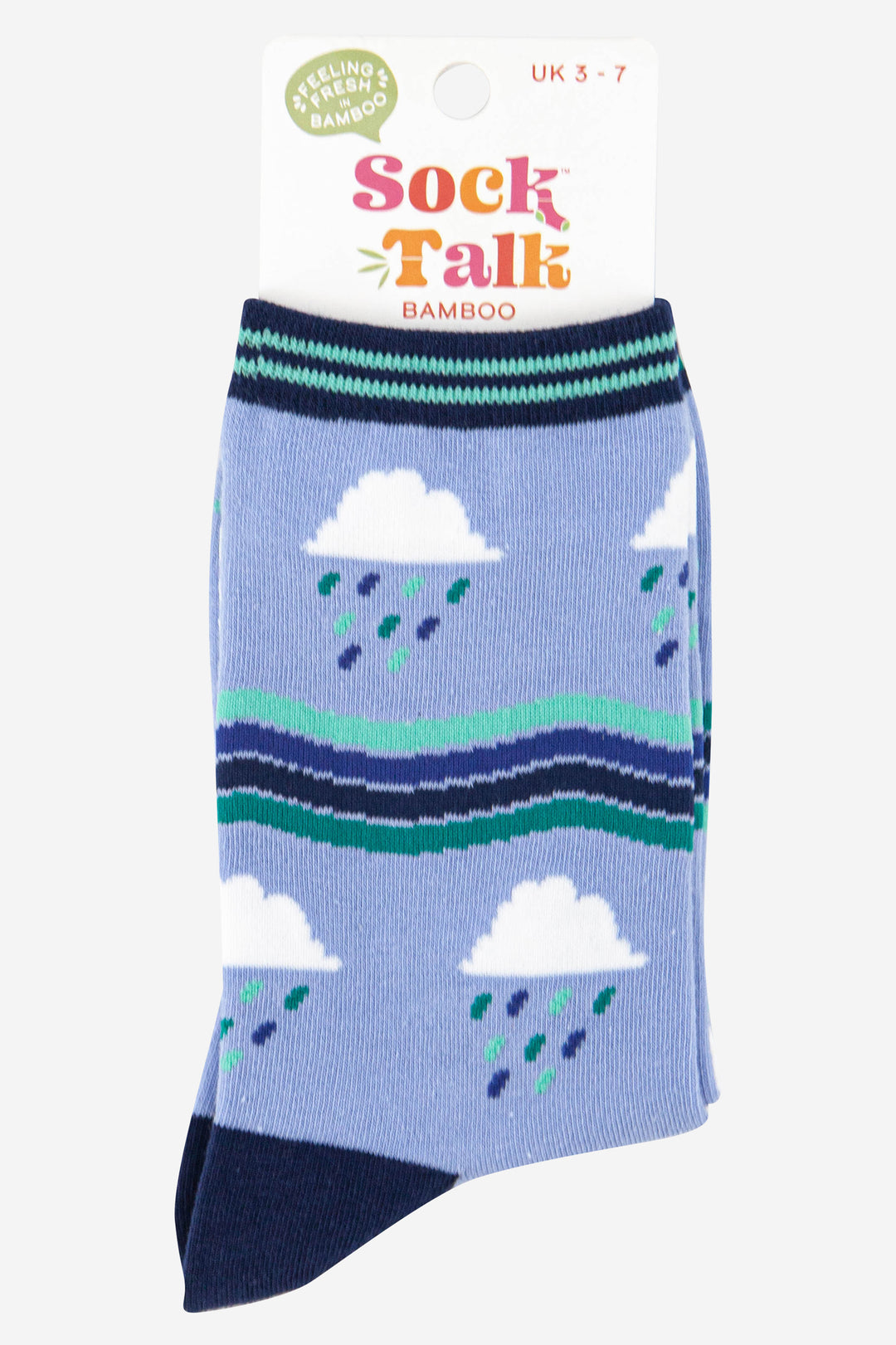 light blue socks with a pattern of white rain clouds and blue ombre wavy stripes uk size 3-7
