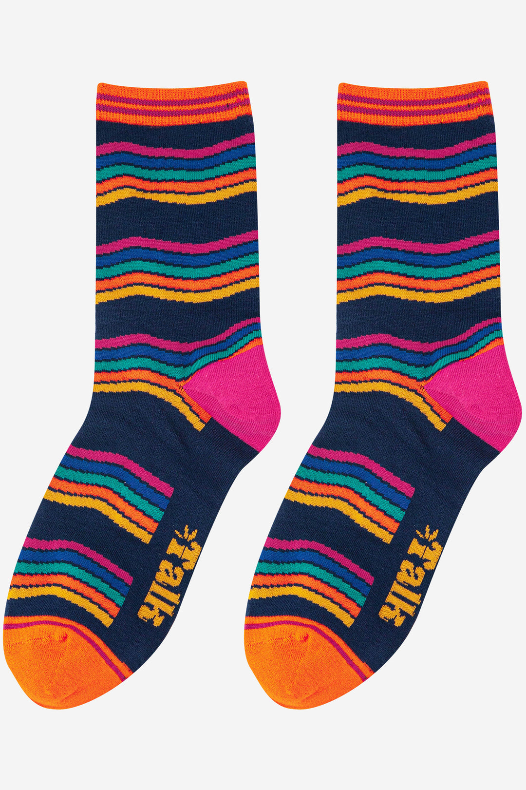 navy blue and rainbow striped pattern bamboo ankle socks