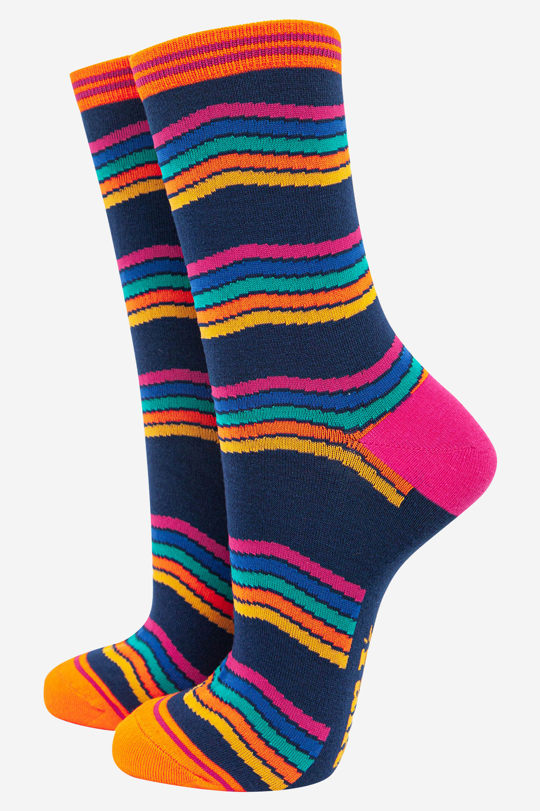 navy blue bamboo socks with a multicoloured wavy rainbow stripe pattern 