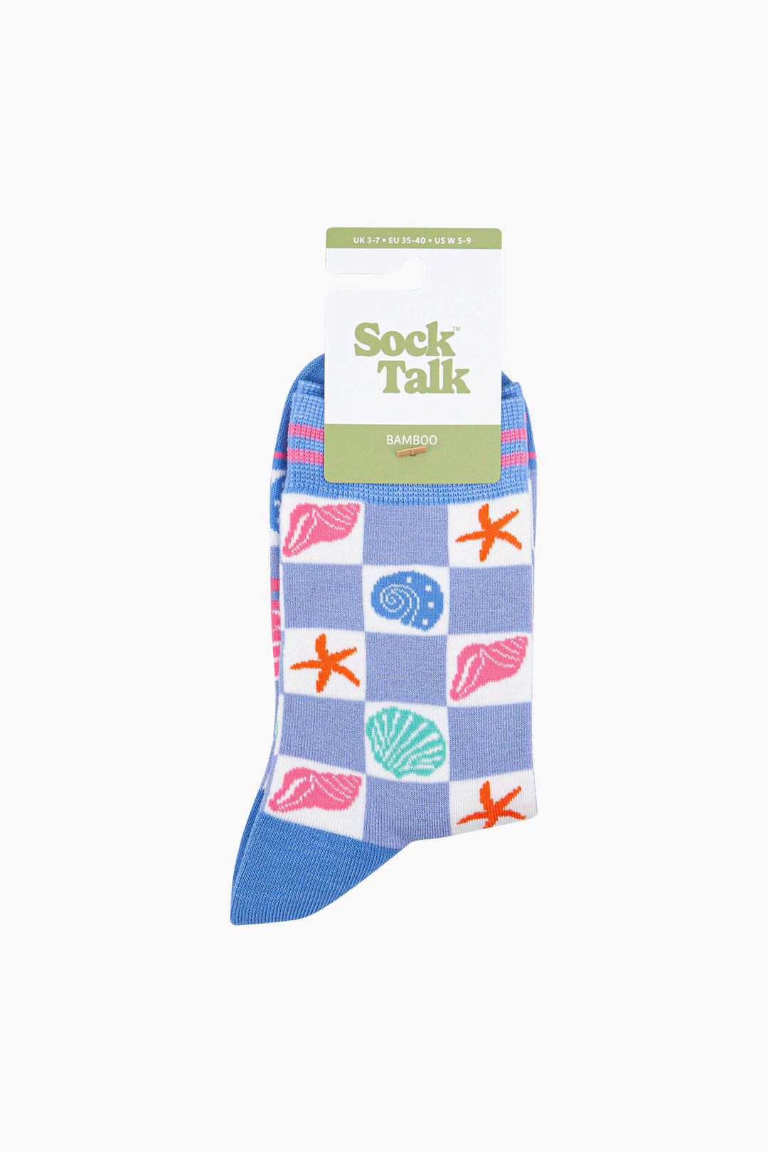 Seashell-Checkerboard-Bamboo-Socks-in-Blue-In-Packaging