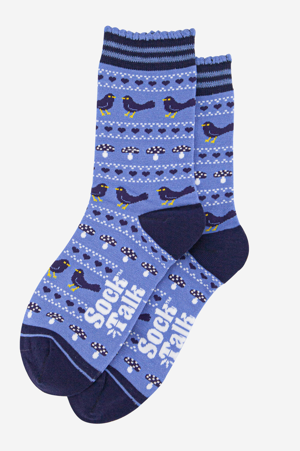womens-bamboo-socks-denim-blue-navy-blue-blackbird-fair-isle-laying-flat