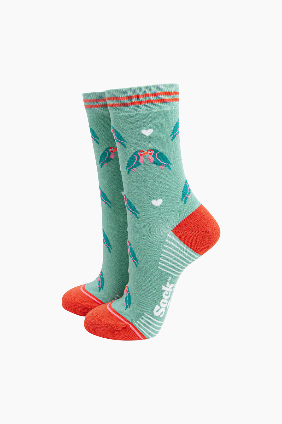Kissing-Lovebirds-Bamboo-Socks-in-Green-On-Foot-Mannequin