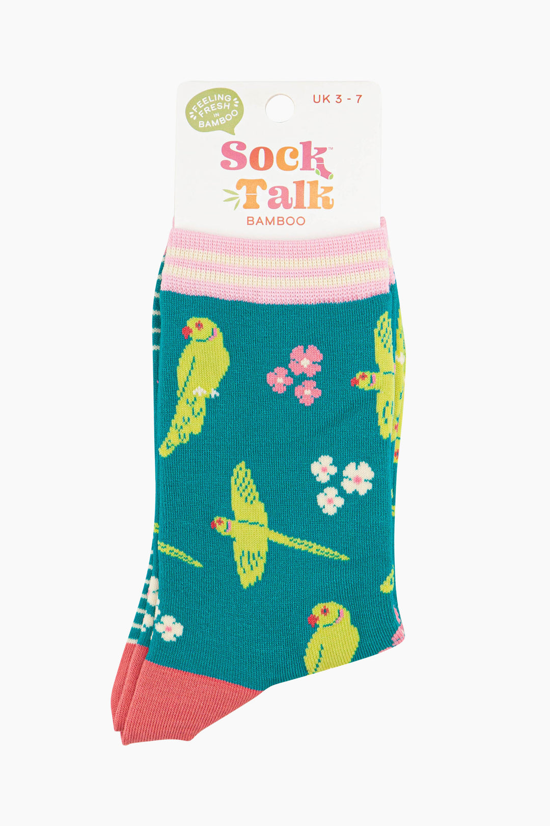 women's teal ring necked parakeet bamboo socks in their sock talk packaging. The socks are a uk size 3-7.