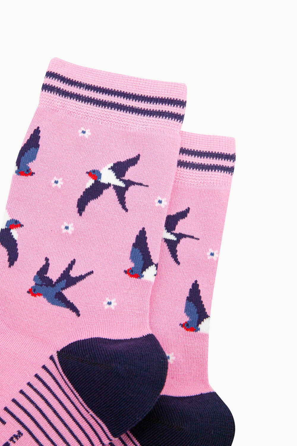 Blue-Swallow-Bird-Bamboo-Socks-in-Pink-Close-Up