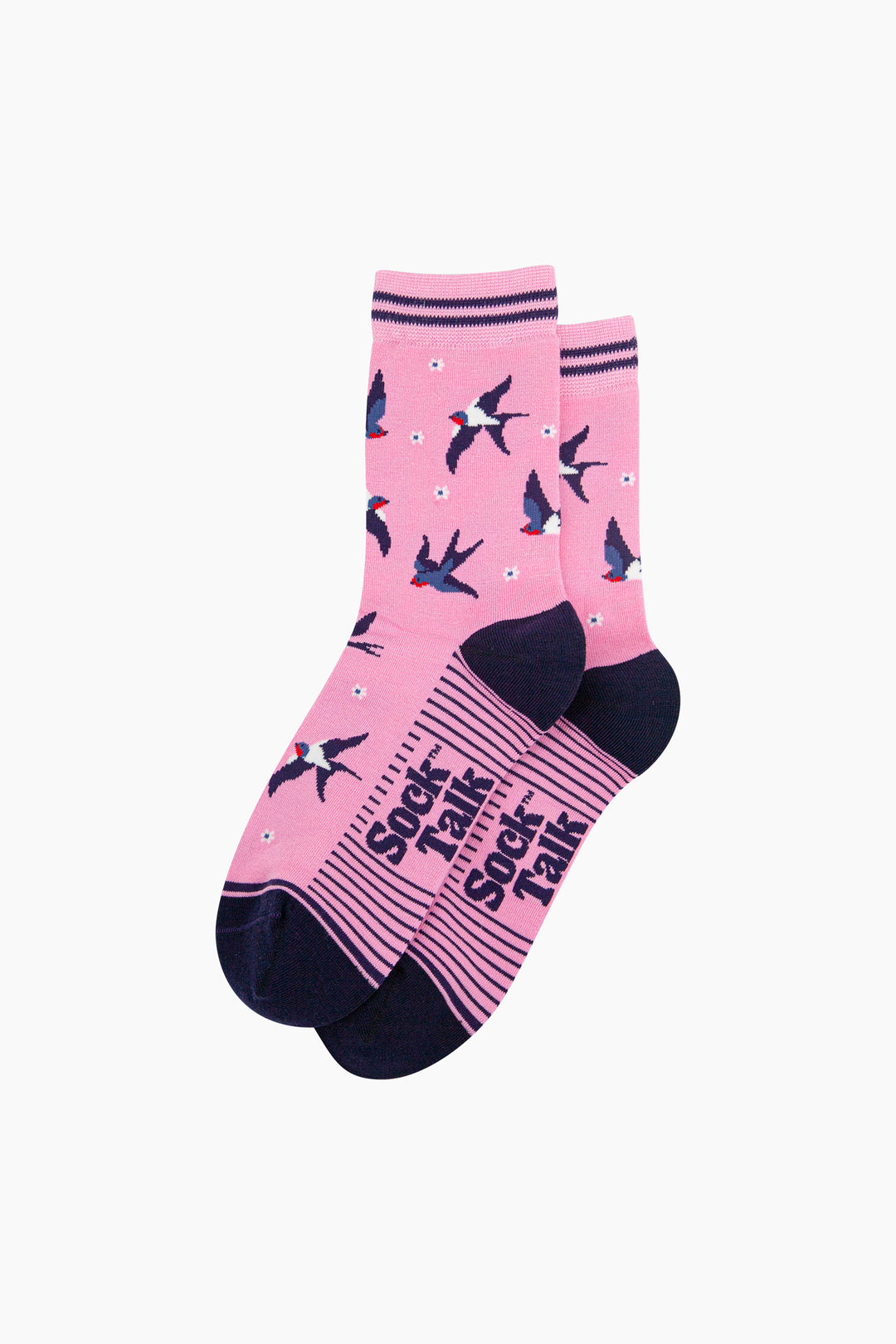 Blue-Swallow-Bird-Bamboo-Socks-in-Pink-Laid-Flat