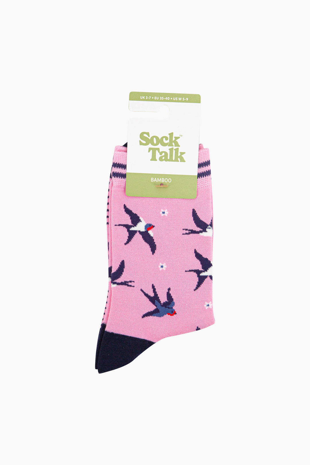 Blue-Swallow-Bird-Bamboo-Socks-in-Pink-In-Packaging