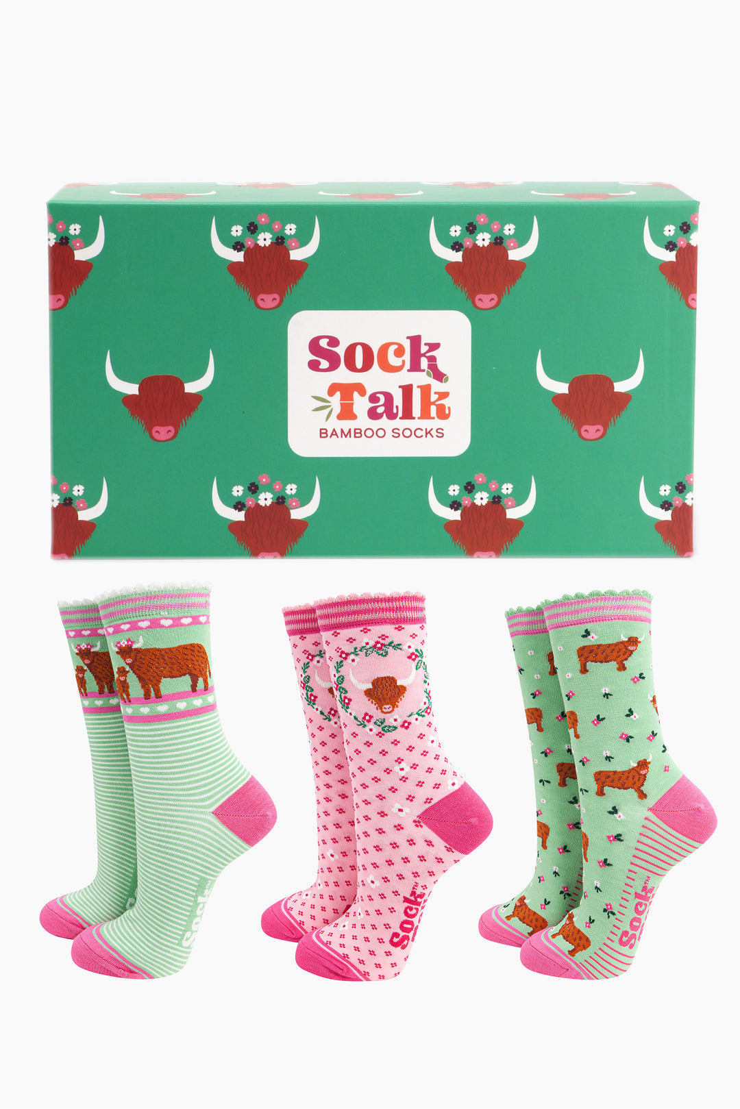 womens-bamboo-socks-gift-box-green-highland-cows-three-pairs-ankle-socks