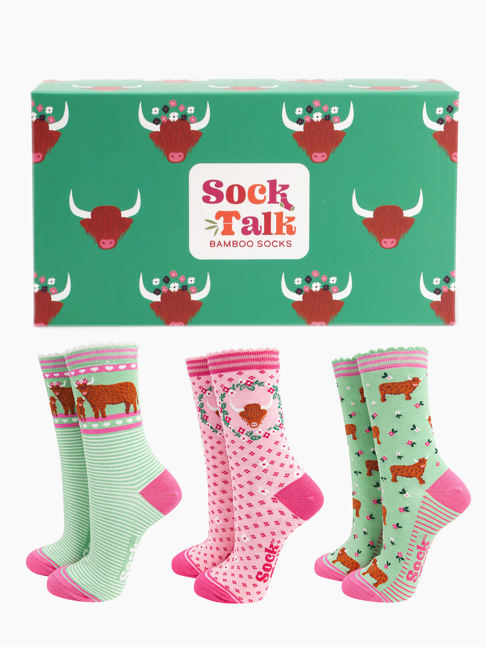 womens-bamboo-socks-gift-box-green-highland-cows-three-pairs-ankle-socks