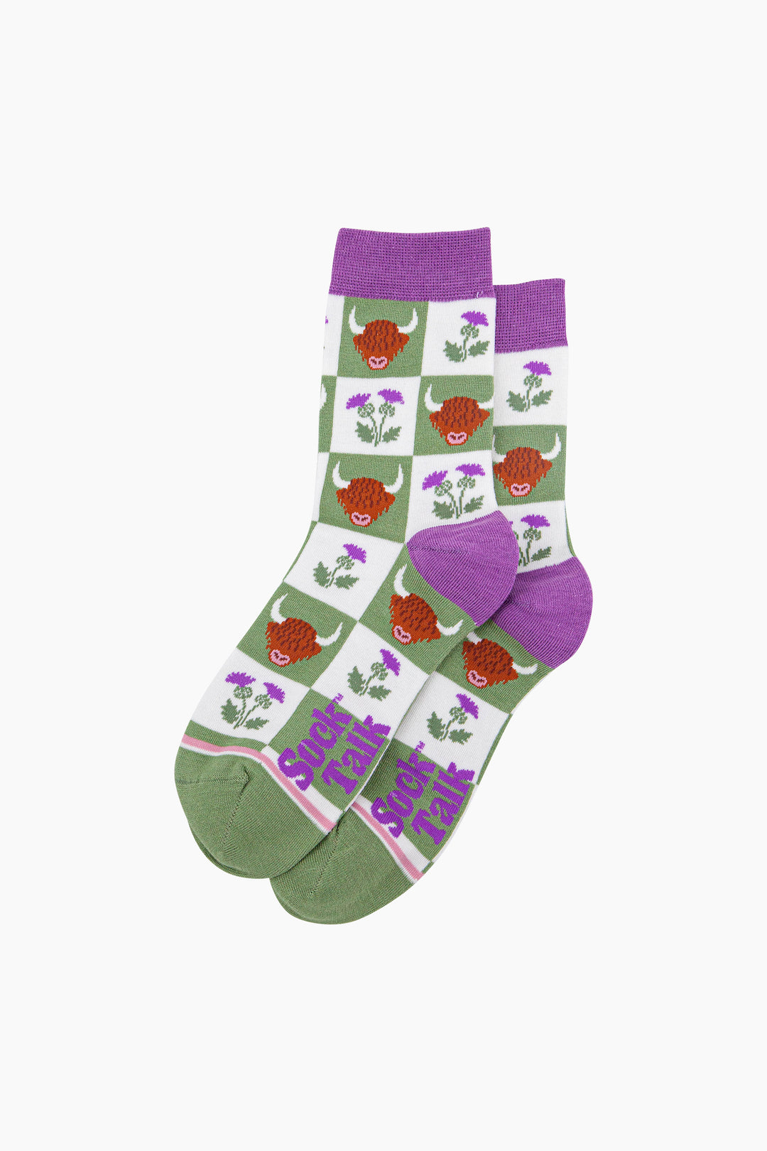 Highland-Cow-Thistle-Checkerboard-Bamboo-Socks-in-Green-Laid-Flat