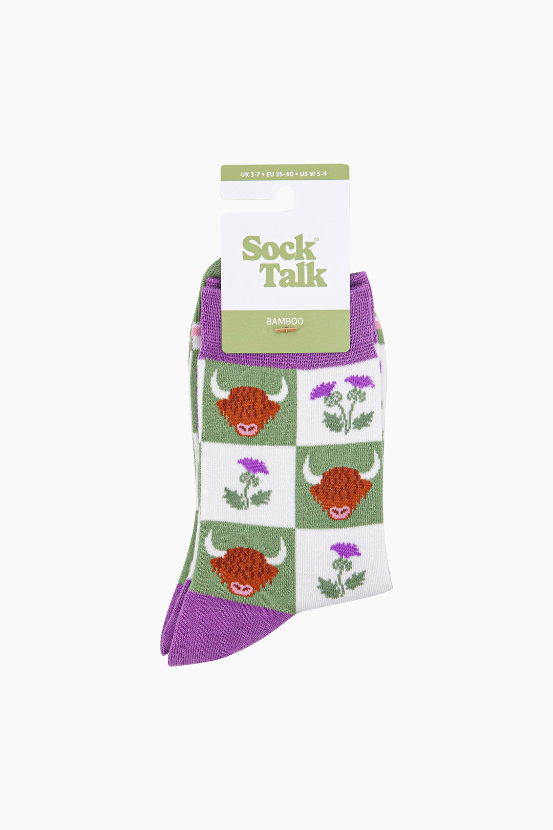 Highland-Cow-Thistle-Checkerboard-Bamboo-Socks-in-Green-In-Packaging