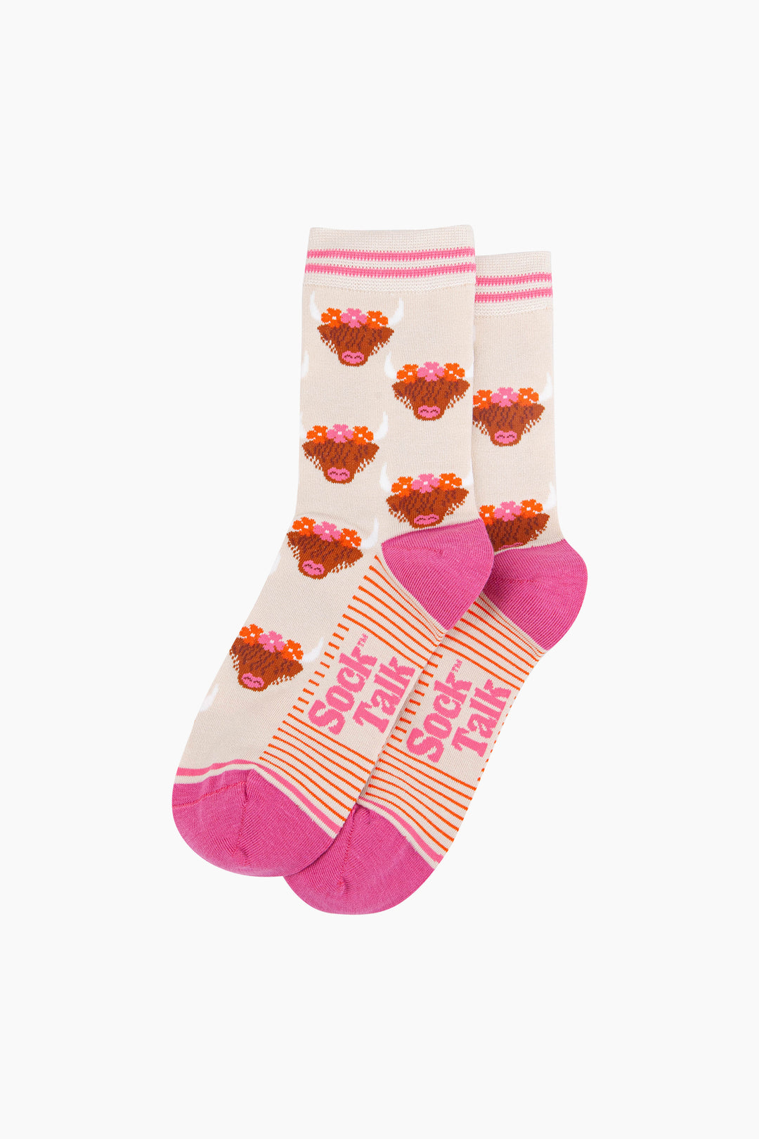 Floral-Crown-Highland-Cow-Bamboo-Socks-in-Cream-laid-flat