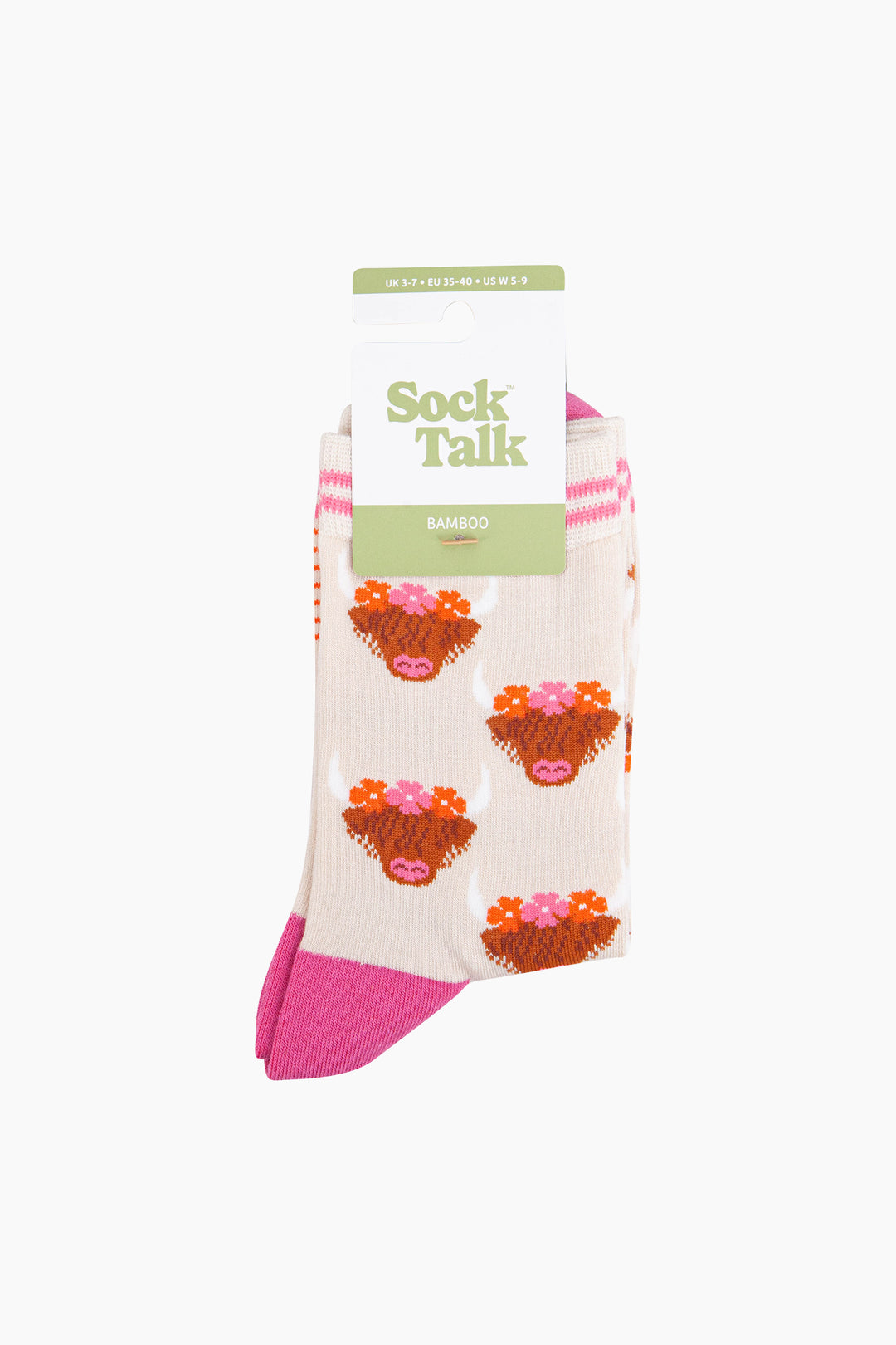 Floral-Crown-Highland-Cow-Bamboo-Socks-in-Cream-in-packaging