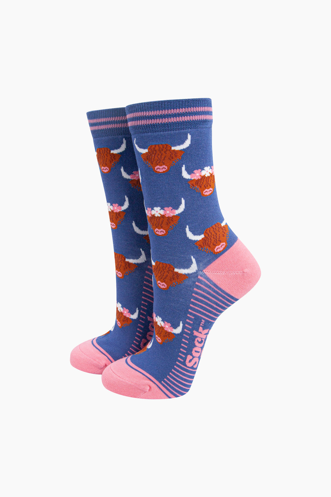 Floral-Crown-Highland-Cow-Bamboo-Socks-in-Blue-mannequin