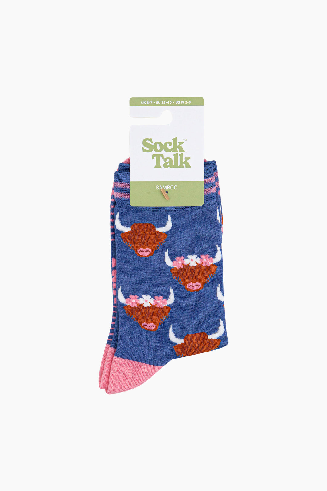 Floral-Crown-Highland-Cow-Bamboo-Socks-in-Blue-in-packaging