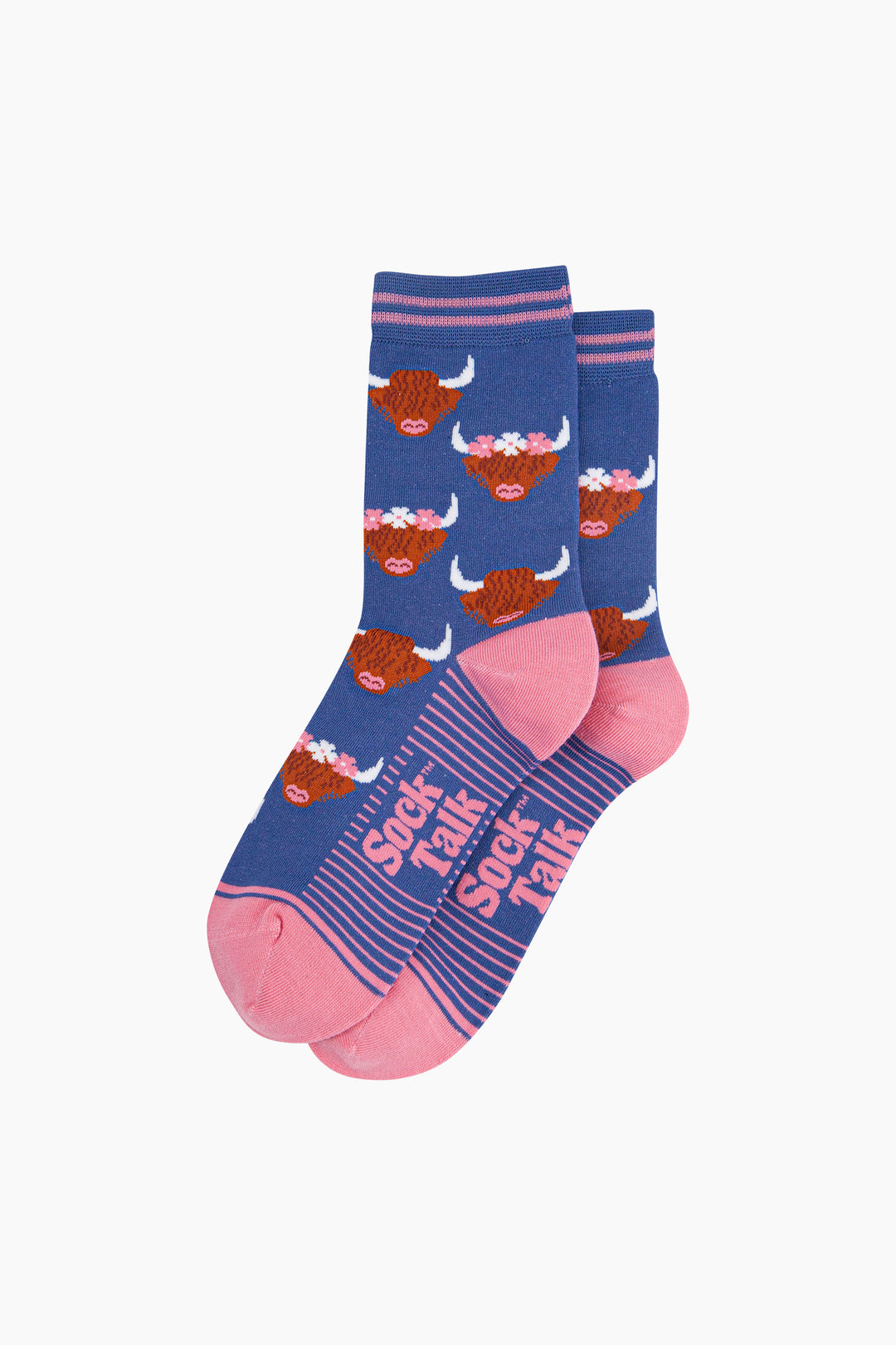 Floral-Crown-Highland-Cow-Bamboo-Socks-in-Blue-laid-flat