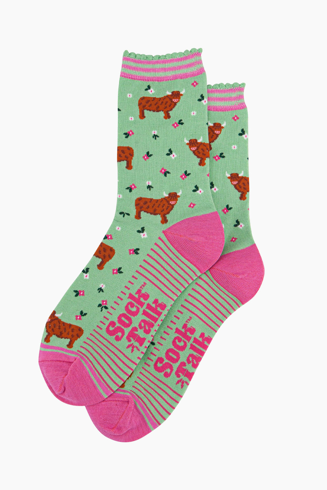 womens-bamboo-socks-green-highland-cow-floral-meadow-laying-flat