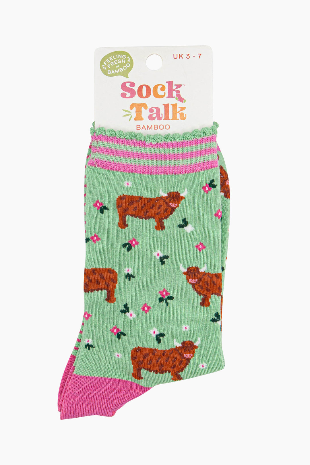 womens-bamboo-socks-green-highland-cow-floral-meadow-in-sock-talk-packaging-uk-size-3-7