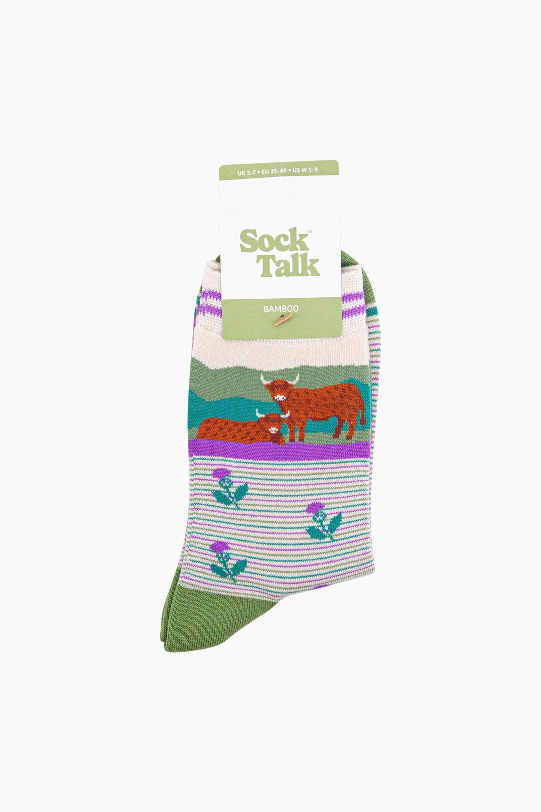 Highland-Cow-&-Thistles-Striped-Bamboo-Socsk-in-Cream-In-Packaging