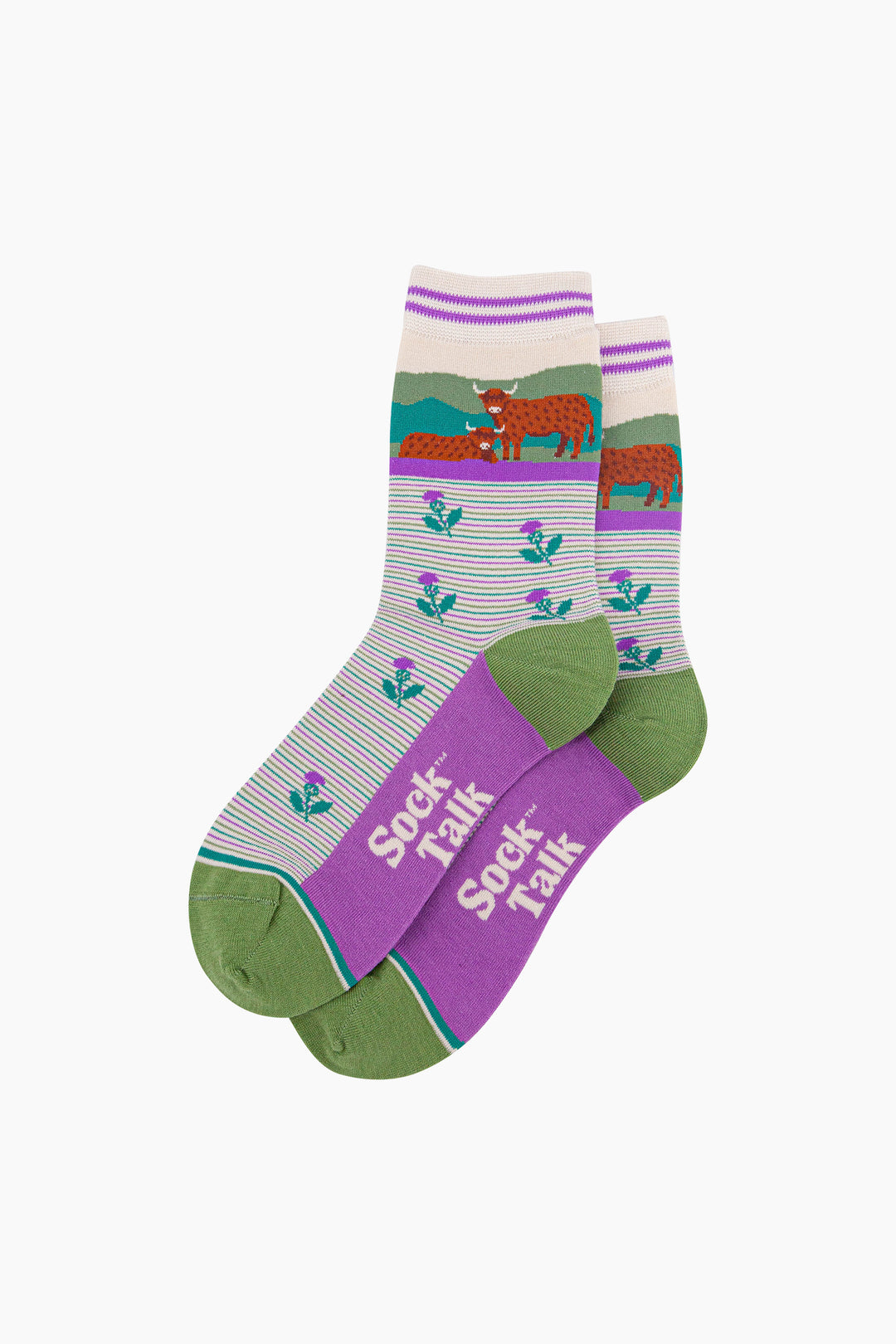 Highland-Cow-&-Thistles-Striped-Bamboo-Socsk-in-Cream-Lying-Flat