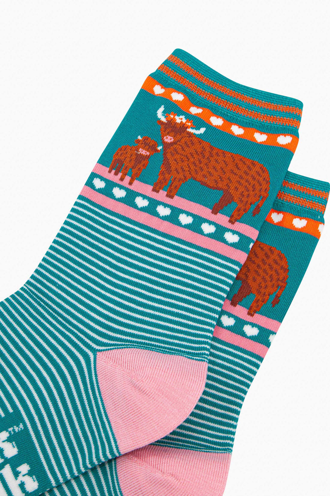 womens-bamboo-socks-teal-highland-cow-and-calf-close-up-brown-coos-wearing-floral-crowns-mother-baby