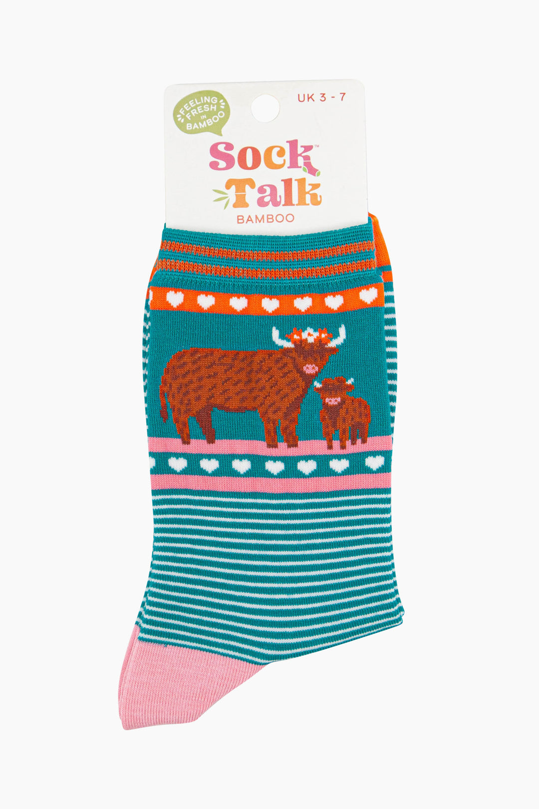 womens-bamboo-socks-teal-highland-cow-and-calf-in-sock-talk-packaging-uk-size-3-7
