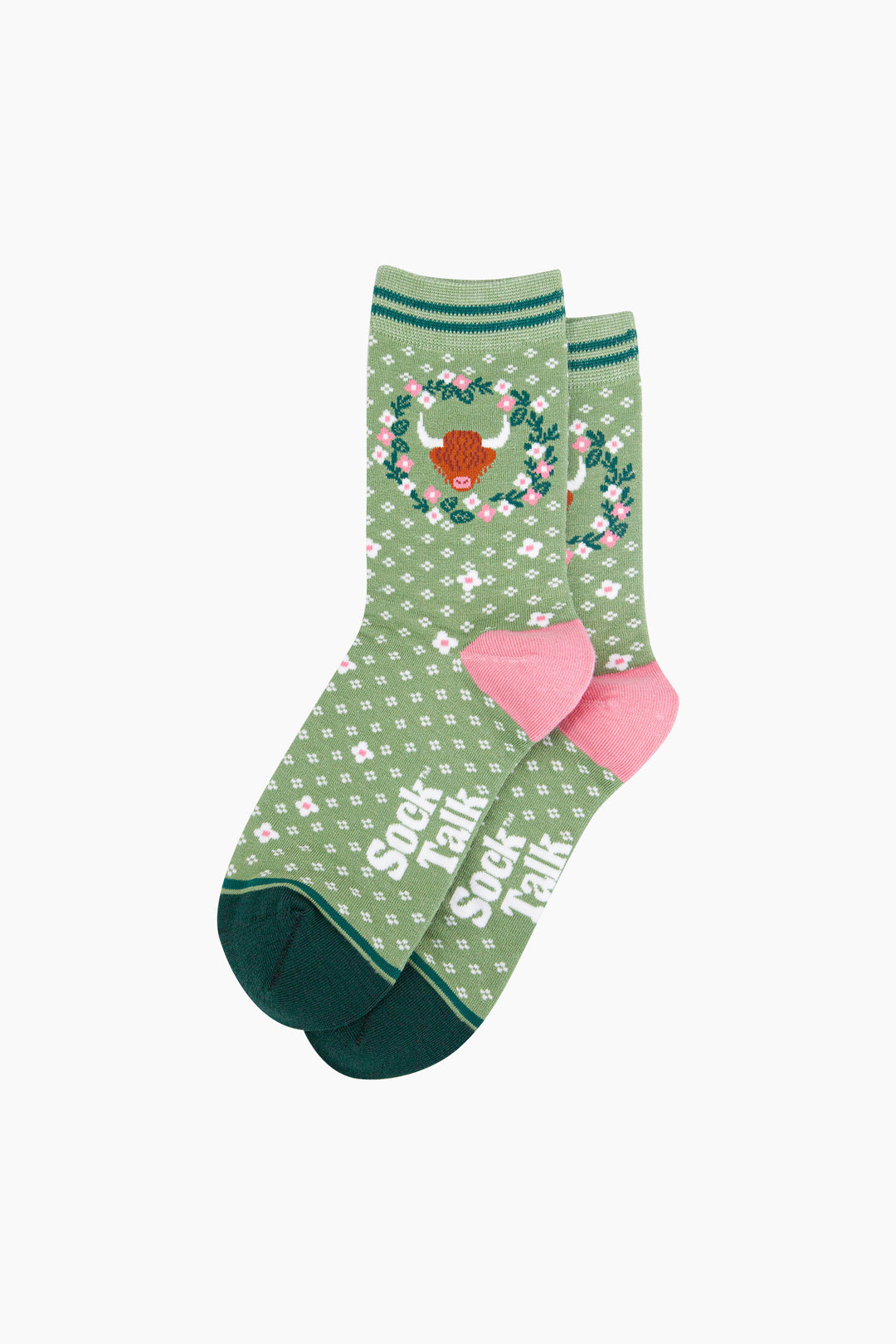 Highland-Cow-Floral-Wreath-Bamboo-Socks-in-Green-laid-flat