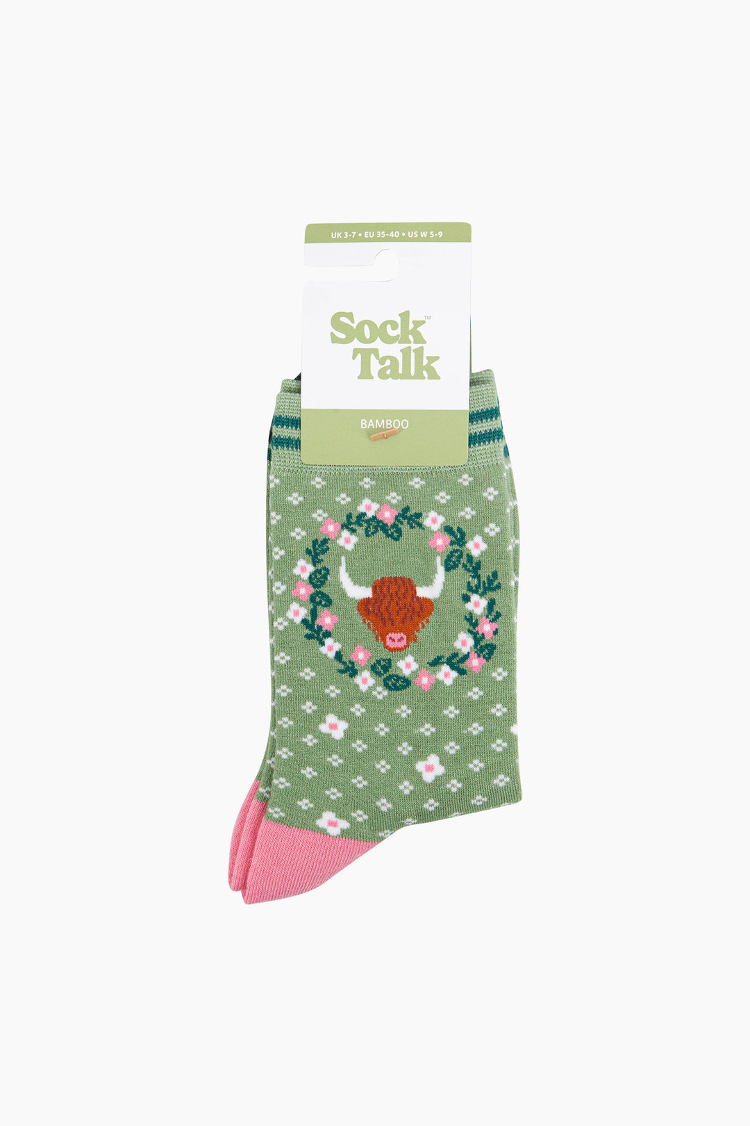 Highland-Cow-Floral-Wreath-Bamboo-Socks-in-Green-in-packaging