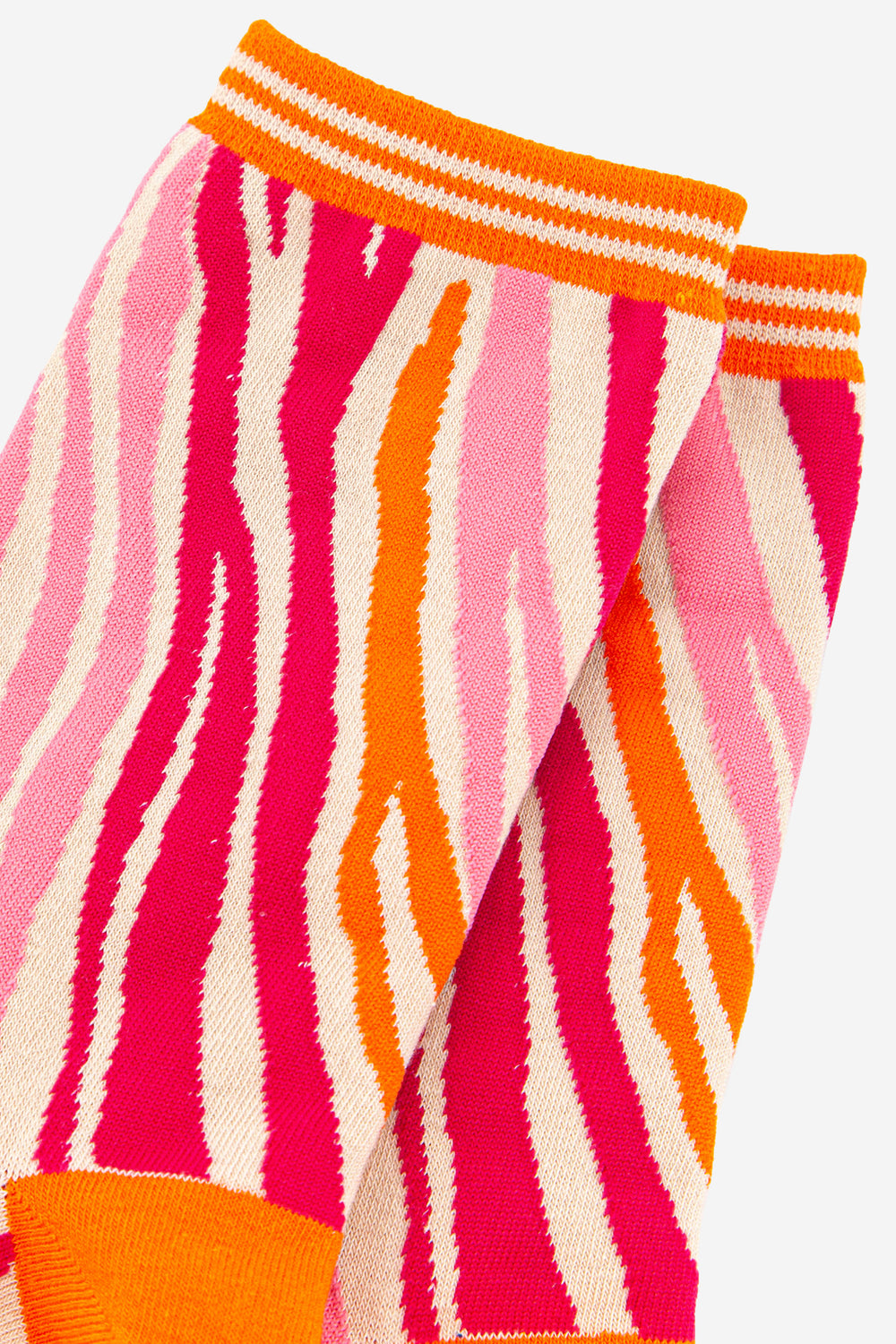 close up of the pink and orange zebra print pattern on the ankle socks