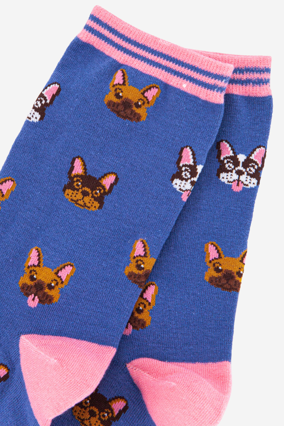 close up pf the french bulldog pattern on the ankle socks