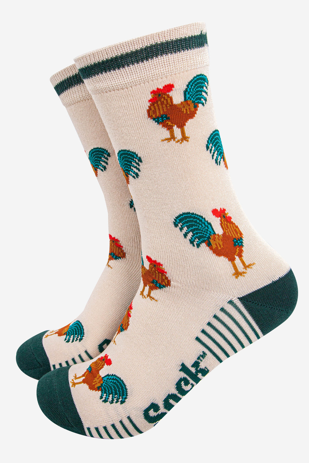 mens-bamboo-socks-cream-green-rooster-cockerel-chickens