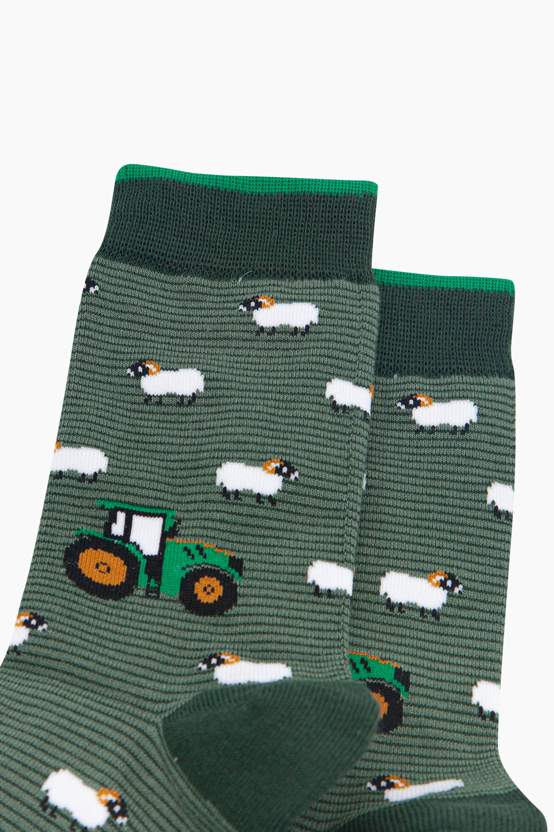 Sheep-&-Tractor-Men's-Bamboo-Socks-in-Green-Close-Up